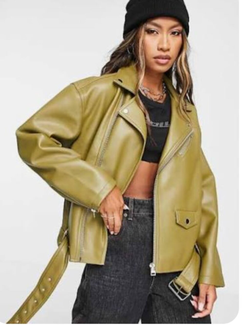 SIZE 8: Topshop Olive green faux leather moto jacket